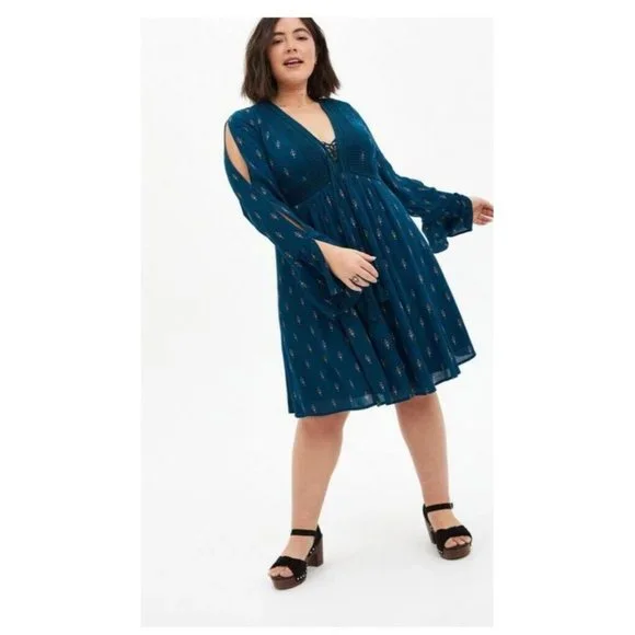 torrid | Dresses | Torrid Gauzy Lace Up Skater Dress Navy Blue Print V Neck  Eyelet Sz 528 | Poshmark